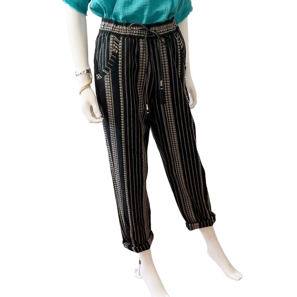 by Anthropologie NWT Black Embroidered Boho Cotton Cropped Pants, S